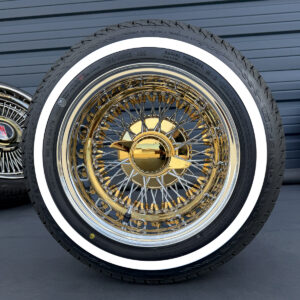 13x7-wire-wheels-72-spoke-cross-laced-gold-nipple-155-80-13-whitewall-and-yellow-stripe-tires 13x7” Chrome & Gold Wire Wheels – 72 Spoke Reverse Cross Lace (Gold Nipple, Gold Hub, Gold Knock-Off) + 155/80R13 True Whitewall Tires | Set of 4