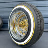 13x7” Chrome & Gold Wire Wheels – 72 Spoke Reverse Cross Lace (Gold Nipple, Gold Hub, Gold Knock-Off) + 155/80R13 True Whitewall & Yellow Stripe Tires | Set of 4