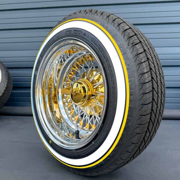 13x7” Chrome & Gold Wire Wheels – 72 Spoke Reverse Cross Lace (Gold Nipple, Gold Hub, Gold Knock-Off) + 155/80R13 True Whitewall & Yellow Stripe Tires | Set of 4
