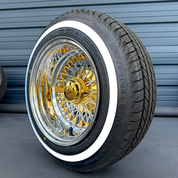 13x7” Chrome & Gold Wire Wheels – 72 Spoke Reverse Cross Lace (Gold Nipple, Gold Hub, Gold Knock-Off) + 155/80R13 True Whitewall Tires | Set of 4