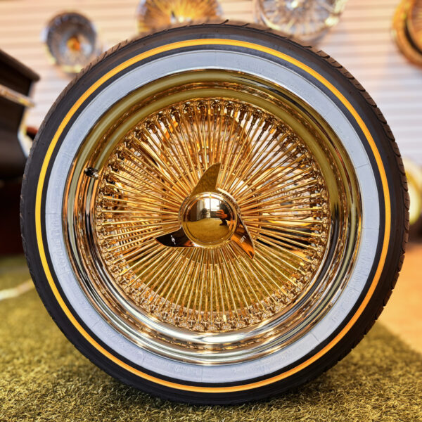 17x8” Gold Center Wire Wheels – 100 Spoke Standard + 215/50R17 Original Vogue Tires | Triple Plated | Complete Set of 4