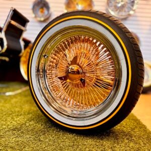 17x8” Gold Center Wire Wheels – 100 Spoke Standard + 215/50R17 Original Vogue Tires | Triple Plated | Complete Set of 4