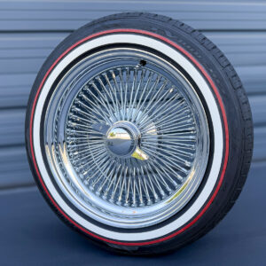 17x8-inch-wire-wheels-standard-chrome-with-whitewall-and-red-stripe-tires-side-2 17x8" wire wheels standard chrome 100 spoke + custom true whitewall and red stripe tires