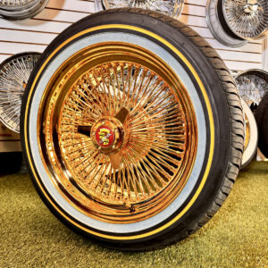 17x8-wire-wheels-24k-usa-gold-and-original-vogue-tires 17x8” 24K California Gold Wire Wheels – 100 Spoke Standard + 225/50R17 Original Vogue Tires | Complete Set of 4