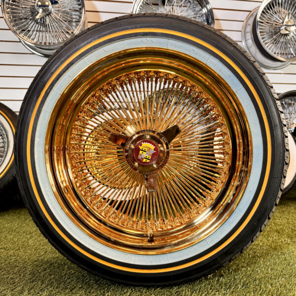17x8” 24K California Gold Wire Wheels – 100 Spoke Standard + 225/50R17 Original Vogue Tires | Complete Set of 4