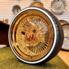 17x8-wire-wheels-all-gold-24k-usa-gold-205-45-17-custom-whitewall-tires-standard 17x8” Pure 24K California Gold Wire Wheels – 100 Spoke Standard + 205/45R17 Low Profile Custom True Whitewall Tires | Complete Set of 4