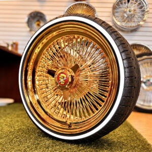 17x8-wire-wheels-all-gold-24k-usa-gold-205-45-17-custom-whitewall-tires-standard 17x8” Original 24K California Gold Wire Wheels – 100 Spoke Standard + 205/45R17 Low Profile Custom True Whitewall Tires | Complete Set of 4