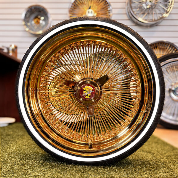 17x8” Pure 24K California Gold Wire Wheels – 100 Spoke Standard + 205/45R17 Low Profile Custom True Whitewall Tires | Complete Set of 4