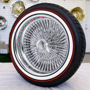17x8-wire-wheels-custom-225-50-17-red-stripe-tires 17x8” Chrome Wire Wheels – Standard 100 Spoke + 225/50R17 Custom Red Stripe Tires | Set of 4