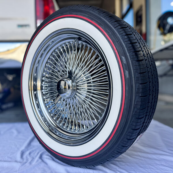 18-inch-wire-wheels-chrome-245-40-18-custom-red-stripe-tries-side 18x8” Chrome Wire Wheels – 100 Spoke Standard + 245/40R18 Custom Whitewall & Red Stripe Tires | Mounted & Balanced | Set of 4