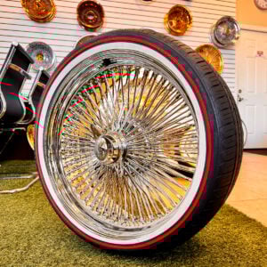 18x8-wire-wheels-100-spoke-chrome-245-40-r18-custom-whitewall-red-stripe-tires 18x8” Chrome Wire Wheels – 100 Spoke Standard + 245/40R18 Custom Whitewall & Red Stripe Tires | Mounted & Balanced | Set of 4