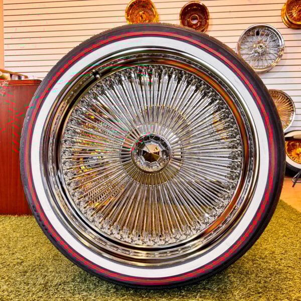 18x8” Chrome Wire Wheels – 100 Spoke Standard + 245/40R18 Custom Whitewall & Red Stripe Tires | Mounted & Balanced | Set of 4