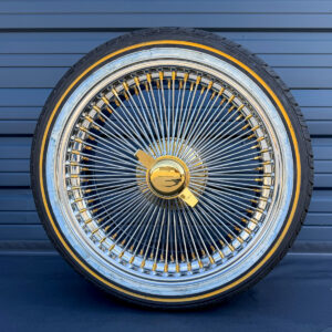 20x8-wire-wheels-gold-nipple-gold-hub-gold-knock-off-245-40-20-vogue-tires 20x8” FWD Wire Wheels – 150 Spoke Chrome (Gold Nipple, Gold Hub, Gold Knock-Off) + 245/40R20 Original Vogue Tires | Set of 4