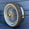 20x8” FWD Wire Wheels – 150 Spoke Chrome (Gold Nipple, Gold Hub, Gold Knock-Off) + 245/40R20 Original Vogue Tires | Set of 4