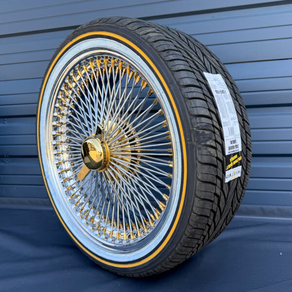 20x8” FWD Wire Wheels – 150 Spoke Chrome (Gold Nipple, Gold Hub, Gold Knock-Off) + 245/40R20 Original Vogue Tires | Set of 4