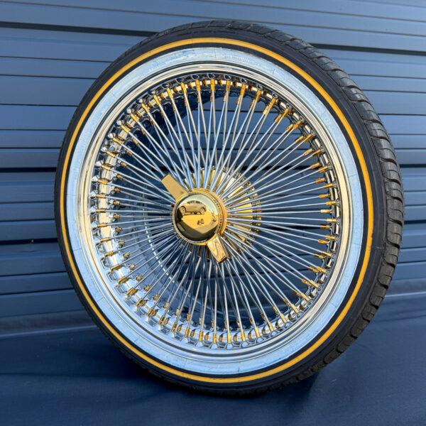20x8” FWD Wire Wheels – 150 Spoke Chrome (Gold Nipple, Gold Hub, Gold Knock-Off) + 245/40R20 Original Vogue Tires | Set of 4