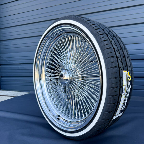 20x8-wire-wheels-standard-chrome-150-spoke-custom-whitewall-tires-245-40-20-tires-side-2 20x8” Chrome Wire Wheels – Standard 150 Spoke + 245/40R20 Custom True Whitewall Tires | Triple Plated | Set of 4