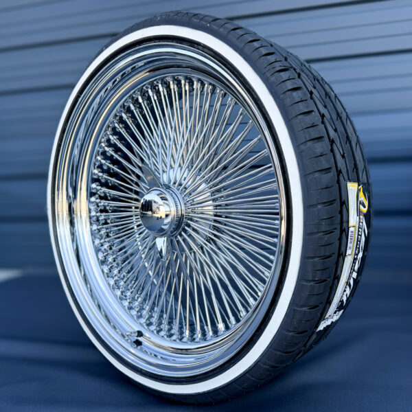 20x8-wire-wheels-standard-chrome-150-spoke-custom-whitewall-tires-245-40-20-tires-side 20x8” Chrome Wire Wheels – Standard 150 Spoke + 245/40R20 Custom True Whitewall Tires | Triple Plated | Set of 4