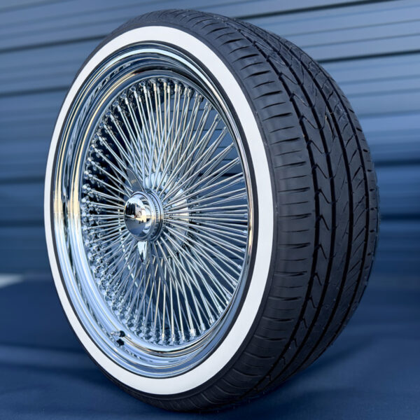 20x8” Chrome Wire Wheels – Standard 150 Spoke + 245/40R20 Custom True Whitewall Tires | Triple Plated | Set of 4