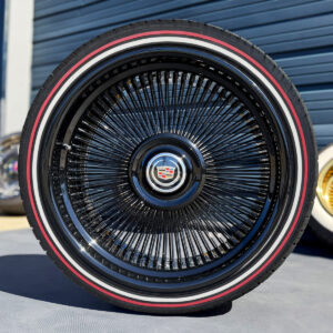 22-inch-wire-wheels-all-black-255:30-22-whitewall-red-stripe-tries 22x9” All Black Alloy Wire Wheels + 255/30R22 Custom Red Stripe Tires – Bolt-On Floating Cap | Premium Black Powder Coat | Set of 4