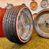 22x8-wire-wheels-chrome-staggered-255-30-22-white-and-red-stripe-tires-side 22x8" wire wheels staggered with red stripe tires