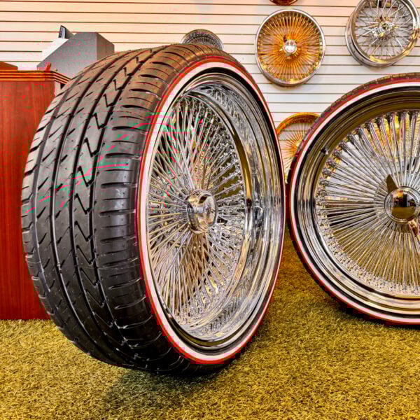 22x8-wire-wheels-chrome-staggered-255-30-22-white-and-red-stripe-tires-side 22x8" wire wheels staggered with red stripe tires
