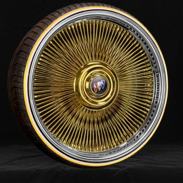 26" Royal Forged Wire Wheels – Gold Center Staggered (26x9 / 26x10) Direct Bolt + 275/25R26 Whitewall & Yellow Stripe Tires | Floating Cap | Set of 4