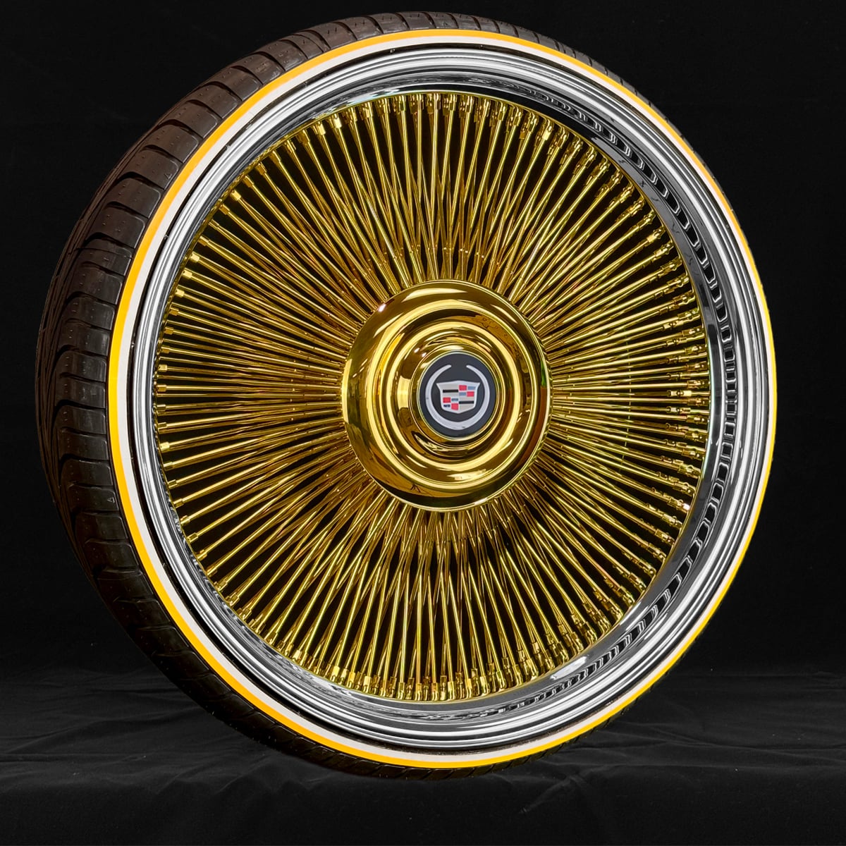 24-inch-wire-wheels-gold-center-255-30-24-whitewall-gold-stripe-tires-cadillac 26” Chrome Wire Wheels – Staggered Direct Bolt (26x9 / 26x10) + 275/25R26 Whitewall & Gold Stripe Tires | Custom Made USA | Show Car Set