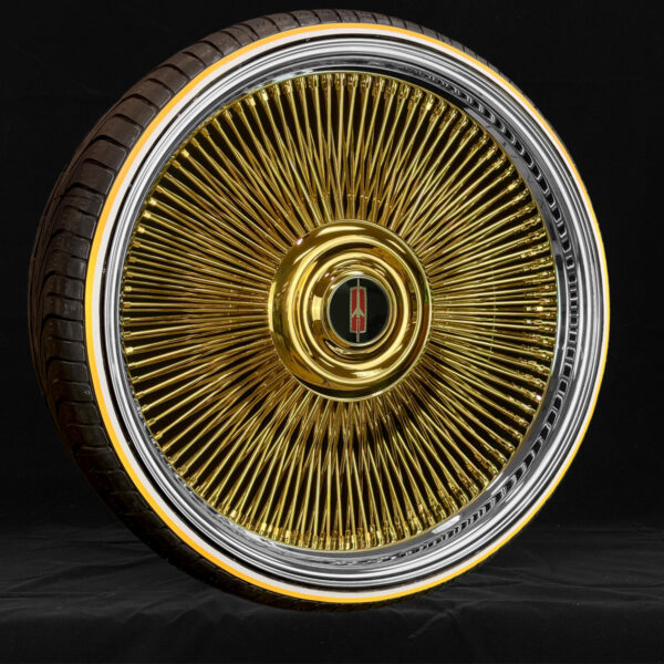 24" Royal Forged Wire Wheels – Gold Center Staggered (24x9 / 24x10) Direct Bolt + 255/30R24 Whitewall & Yellow Stripe Tires | Floating Cap | Set of 4