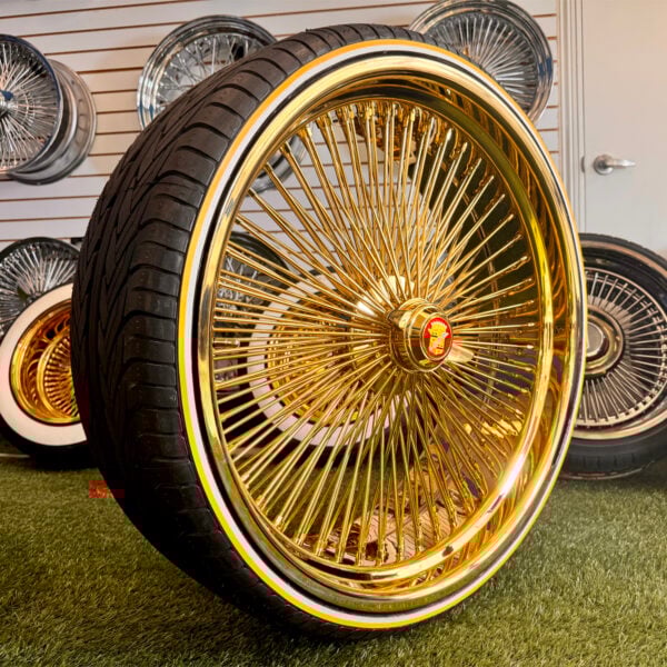 26-inch-wire-wheels-ninja-tire-275-25-26-white-gold-stripe-tires-side 26” Gold Wire Wheels – 26x9 / 26x10 Staggered + 275/25R26 True Whitewall & Yellow Stripe Tires | 6” Lip Rear | Cadillac Donk Setup