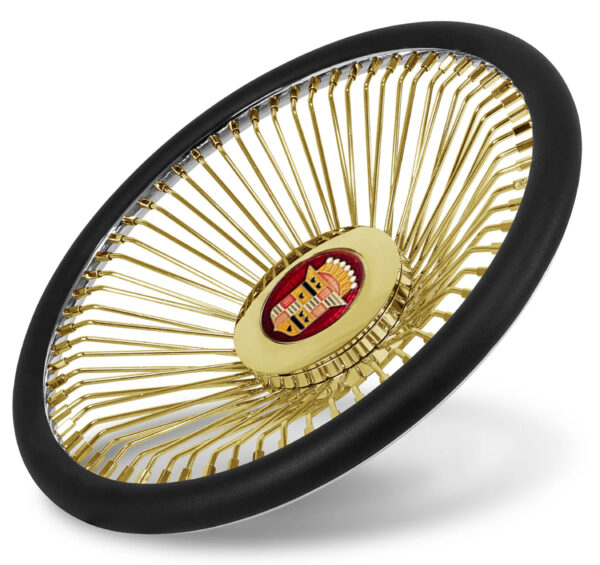 Screenshot 26” Gold Wire Wheels – 26x9 / 26x10 Staggered + 275/25R26 True Whitewall & Yellow Stripe Tires | 6” Lip Rear | Cadillac Donk Setup