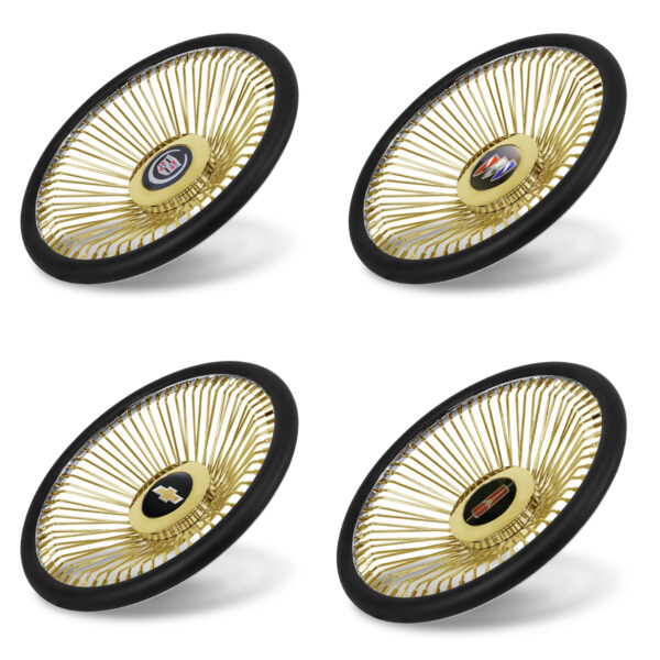 26" Royal Forged Wire Wheels – Gold Center Staggered (26x9 / 26x10) Direct Bolt + 275/25R26 Whitewall & Yellow Stripe Tires | Floating Cap | Set of 4