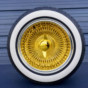 13x7-wire-wheels-gold-center-chrome-lip-thick-whitewall-155-80-13-whitewall-and-yellow-stripe-tires-2 13x7 wire wheels pure California 24k yellow gold + thick whitewall tires