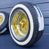 13x7” Gold Center Wire Wheels – 100 Spoke Reverse Straight Lace Chrome Lip + 155/80R13 1.6” True Whitewall Tires | Pure 24K California Gold | Set of 4