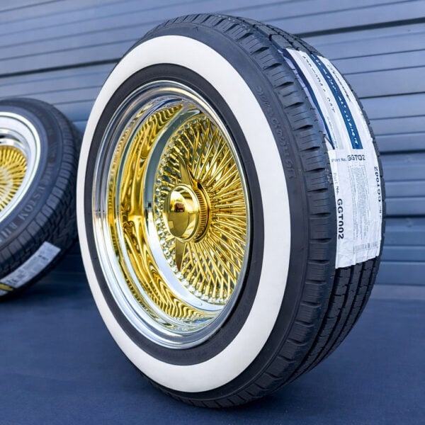 14x7” Gold Center Wire Wheels – 100 Spoke Reverse Straight Lace Chrome Lip + 175/70R14 True Whitewall Tires | Pure 24K California Gold | Set of 4