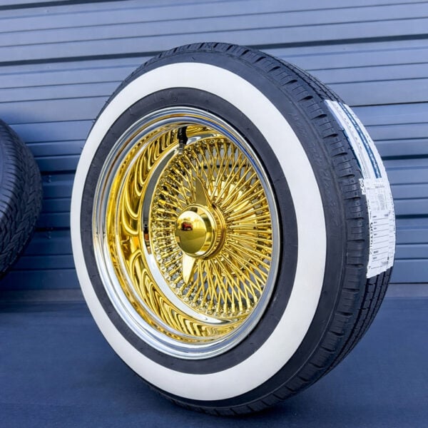 13x7” Gold Center Wire Wheels – 100 Spoke Reverse Straight Lace Chrome Lip + 155/80R13 1.6” True Whitewall Tires | Pure 24K California Gold | Set of 4
