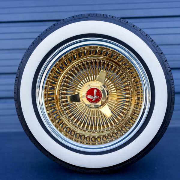 14x7 reverse wire wheels gold center with 3-bar knock-off