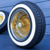 14x7-gold-center-wire-wheels-reverse-100-spoke-and-thick-whitewall-tire-set-side-view 14x7 gold center reverse wire wheels with thick whitewall tires