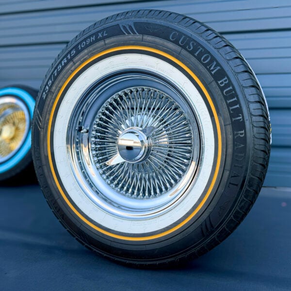 15x7-inch-wire-wheels-235-75-15-original-vogue-tires-front-2 15x7” Chrome Wire Wheels – 100 Spoke Standard + 235/75R15 Original Vogue Whitewall & Gold Stripe Tires | Set of 4
