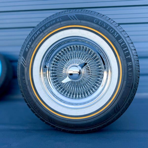 15x7” Chrome Wire Wheels – 100 Spoke Standard + 235/75R15 Original Vogue Whitewall & Gold Stripe Tires | Set of 4