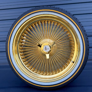 20x8-wire-wheels-standard-150-spoke-all-gold-24k-gold-california-tripple-plated-245-40-20-vogue-tires-front 20x8" wire wheels pure 24k California Gold + Vogue Tires