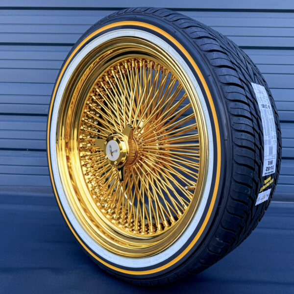 20x8” Pure 24K California Gold Wire Wheels – 150 Spoke Standard + 245/40R20 Original Vogue Whitewall & Gold Stripe Tires | Set of 4