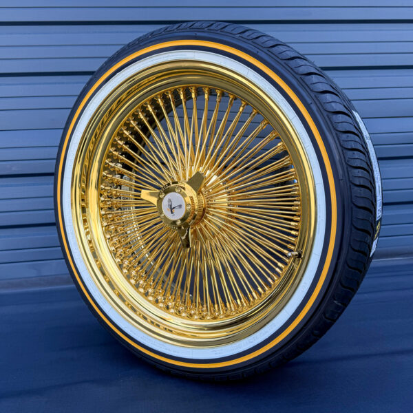20x8” Pure 24K California Gold Wire Wheels – 150 Spoke Standard + 245/40R20 Original Vogue Whitewall & Gold Stripe Tires | Set of 4