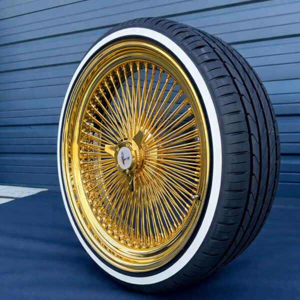 22x8” Pure 24K California Gold Wire Wheels – 150 Spoke Standard + 255/30R22 True Whitewall Tires | Assembled & Finished in California | Set of 4