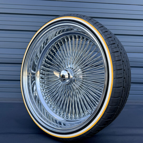 22×8” Staggered Chrome Wire Wheels – 150 Spoke + 255/30R22 Custom Yellow Stripe Tires | Complete Set of 4