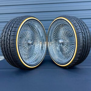22-inch-staggered-wire-wheels-chrome-255-30-r22-custom-whitewall-gold-stripe-tires 22x8" wire wheels staggered with 255/30R22 custom vogue whitewall and yellow stripe tires