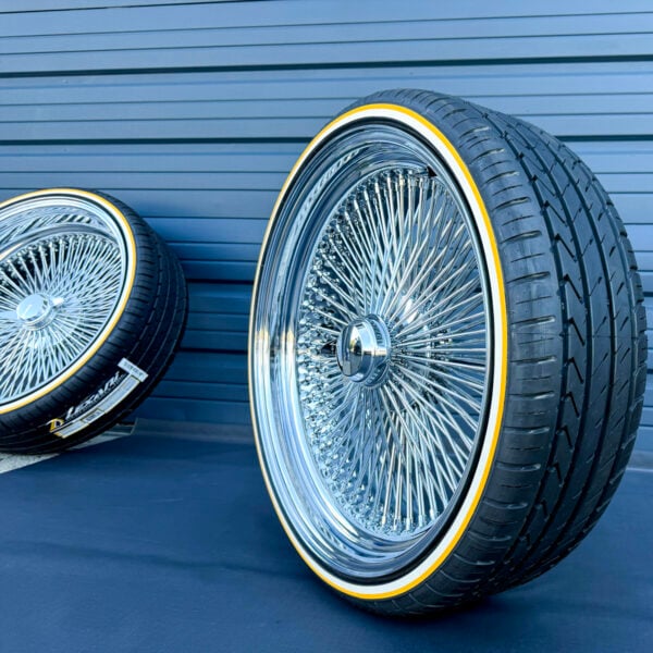22-inch-standard-wire-wheels-chrome-255-30-r22-custom-whitewall-gold-stripe-tires 22×8” Staggered Chrome Wire Wheels – 150 Spoke + 255/30R22 Custom Yellow Stripe Tires | Complete Set of 4