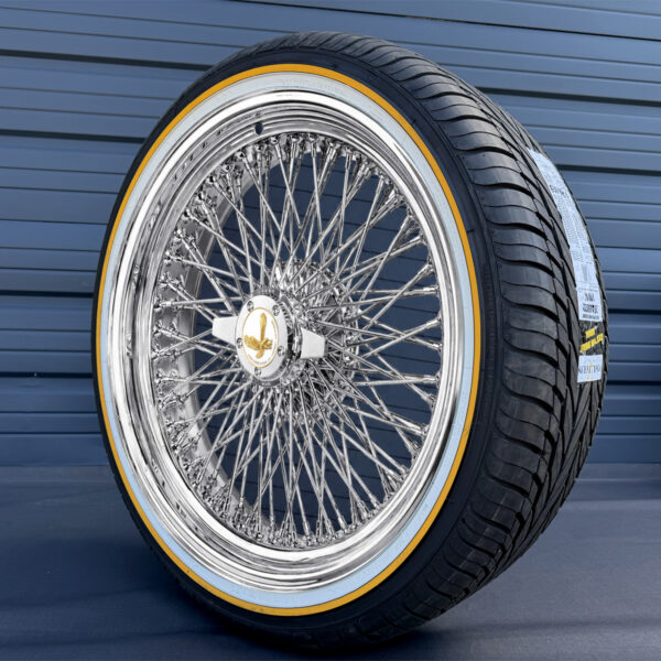 22x8-96-spokes-Quad-Cross-Laced-Standard-Chrome-265-35-22-origional-vogue-tires-side 22x8” Chrome Wire Wheels – 96 Spoke Quad Cross Lace + 265/35R22 Original Vogue Gold Stripe Tires | Triple Plated | Set of 4