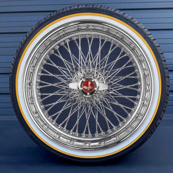 22x8” Staggered Chrome Wire Wheels – 96 Spoke Quad Cross Lace + 265/35R22 Original Vogue Gold Stripe Tires | Set of 4