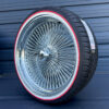 22×8” Chrome Wire Wheels – 150 Spoke Straight Lace + 265/35R22 Original Vogue Red Stripe Tires | Triple Plated | Set of 4